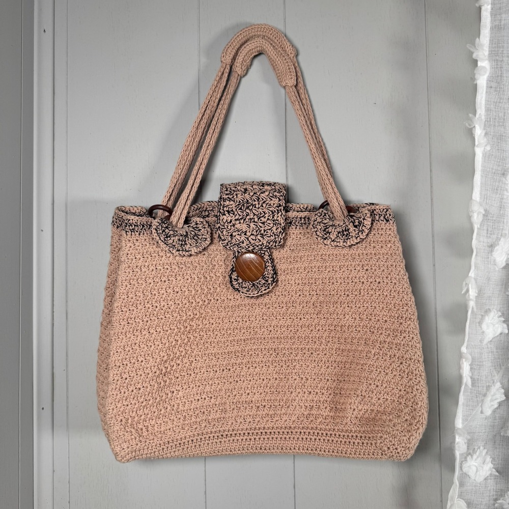 Vintage Handmade Crochet Handbag Beige Black Wooden Button Lined Artisan 2 Strap